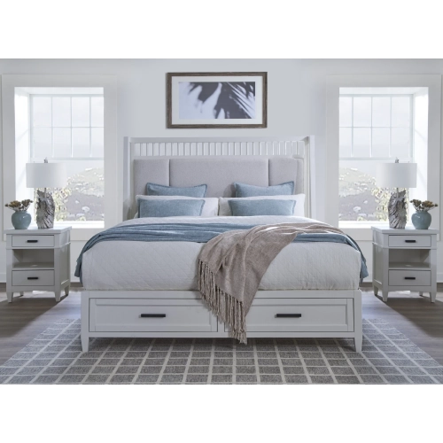 Americana Modern Queen Shelter Bed & 2 Nightstands Set in White Wood