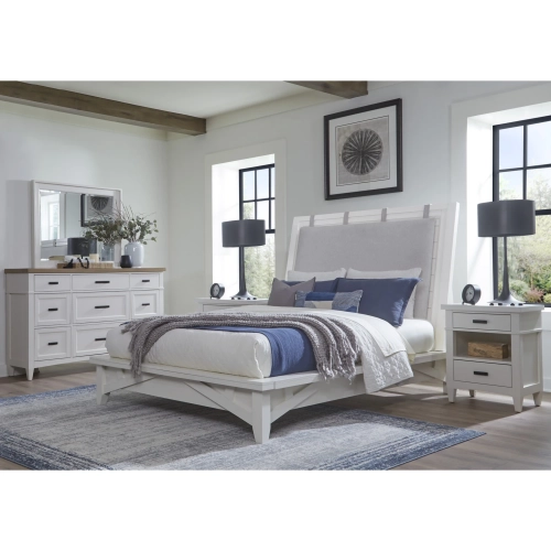 Americana Modern Queen Platform Bed, 2 Nightstands, Dresser & Mirror Set in White Wood