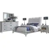 Americana Modern Queen Platform Bed, 2 Nightstands, Dresser & Mirror Set in White Wood