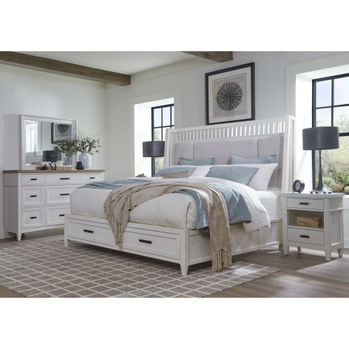 Americana Modern King Shelter Bed, 2 Nightstands, Dresser & Mirror Set in White Wood