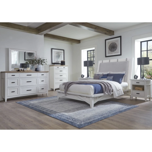 Americana Modern Queen Platform Bed, 2 Nightstands, Dresser, Mirror & Chest in White Wood
