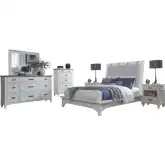 Americana Modern King Platform Bed, 2 Nightstands, Dresser, Mirror & Chest in White Wood
