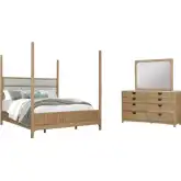 Escape King Poster Bed, Dresser & Mirror Set in Glazed Natural Oak