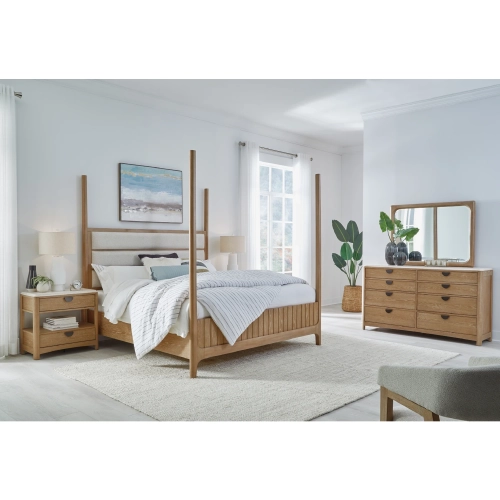 Escape King Poster Bed & 2 Nightstands, Dresser & Mirror Set in Glazed Natural Oak