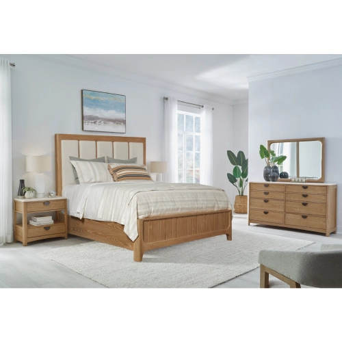 Escape King Panel Bed 2 Nightstands, Dresser & Mirror Set in Glazed Natural Oak