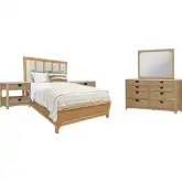 Escape King Panel Bed 2 Nightstands, Dresser & Mirror Set in Glazed Natural Oak