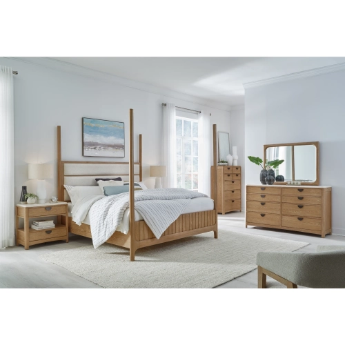 Escape King Poster Bed 2 Nightstands, Dresser, Mirror & Chest in Glazed Natural Oak