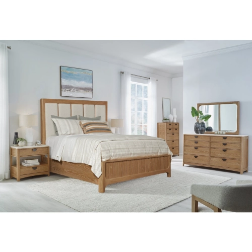 Escape Queen Panel Bed 2 Nightstands, Dresser, Mirror & Chest in Glazed Natural Oak