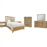 Escape Queen Panel Bed 2 Nightstands, Dresser, Mirror & Chest in Glazed Natural Oak