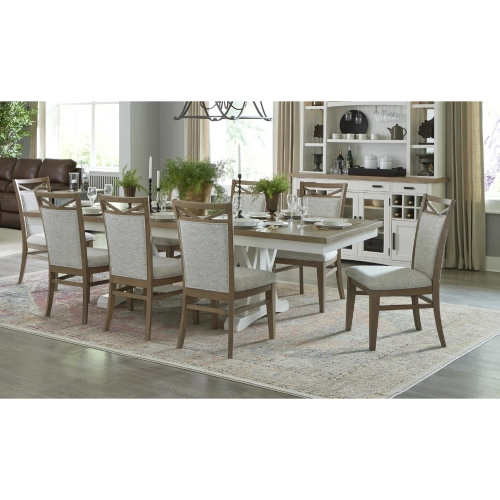 Americana Modern 9 Piece Extension Dining Set in White, Wood & Neutral Fabric