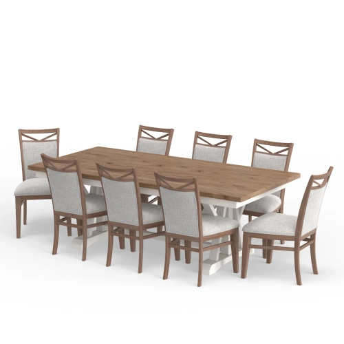 Americana Modern 9 Piece Extension Dining Set in White, Wood & Neutral Fabric
