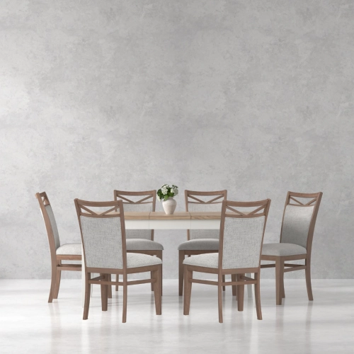 Americana Modern 7 Piece Extension Dining Set in White, Wood & Neutral Fabric