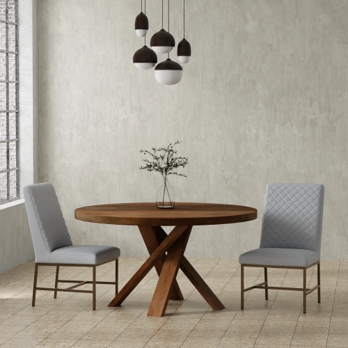Downtown 5 Piece Round Dining Set in Wood, Linen Grey Fabric & Bronze Metal
