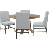 Downtown 5 Piece Round Dining Set in Wood, Linen Grey Fabric & Bronze Metal