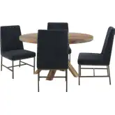 Downtown 5 Piece Round Dining Set in Wood, Navy Blue Fabric & Bronze Metal