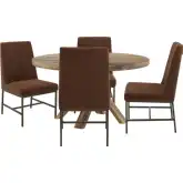 Downtown 5 Piece Round Dining Set in Wood, Rust Brown Fabric & Bronze Metal