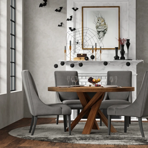 Downtown 5 Piece Round Dining Set in Wood & Slate Gray Fabric