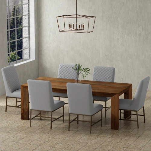 Downtown 7 Piece Dining Set in Wood, Linen Grey Fabric & Bronze Metal