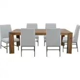 Downtown 7 Piece Dining Set in Wood, Linen Grey Fabric & Bronze Metal