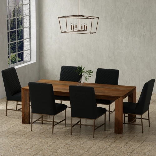 Downtown 7 Piece Dining Set in Wood, Navy Blue Fabric & Bronze Metal