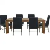 Downtown 7 Piece Dining Set in Wood, Navy Blue Fabric & Bronze Metal