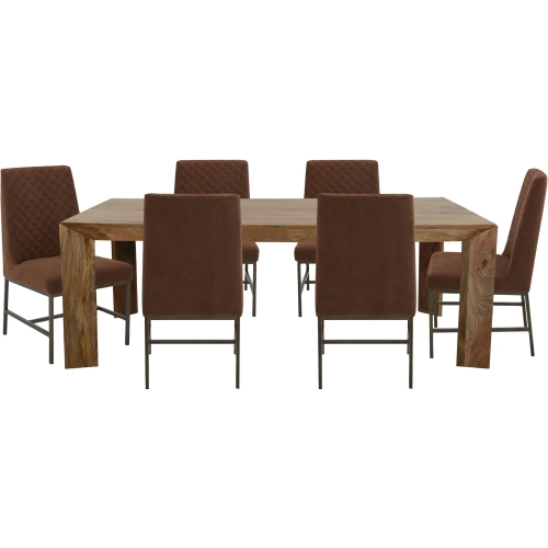 Downtown 7 Piece Dining Set in Wood, Rust Brown Fabric & Bronze Metal