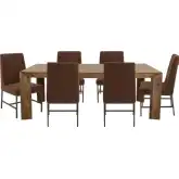 Downtown 7 Piece Dining Set in Wood, Rust Brown Fabric & Bronze Metal