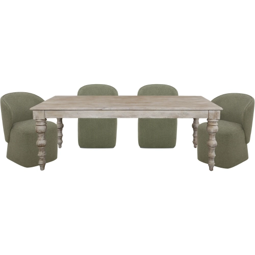 Eden 7 Piece Dining Set in White Washed Wood & Sage Green Fabric