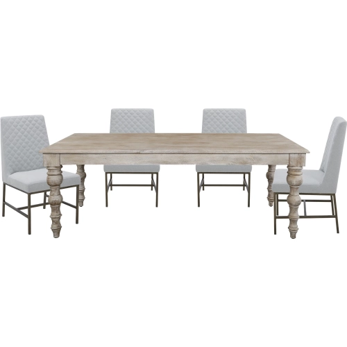 Eden 7 Piece Dining Set in White Washed, Linen Grey Fabric & Bronze Metal