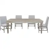 Eden 7 Piece Dining Set in White Washed, Linen Grey Fabric & Bronze Metal