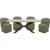 Monaco 5 Piece Dining Set in Wood, Metal & Sage Green Fabric