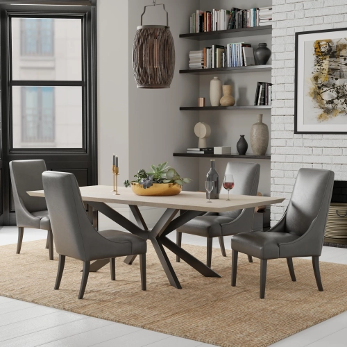 Monaco 5 Piece Dining Set in Wood, Metal & Slate Grey Fabric
