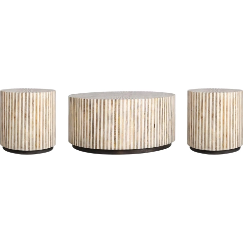 Downtown Coffee Cocktail Table & 2 End Tables Set in Amber Wood & Inlay