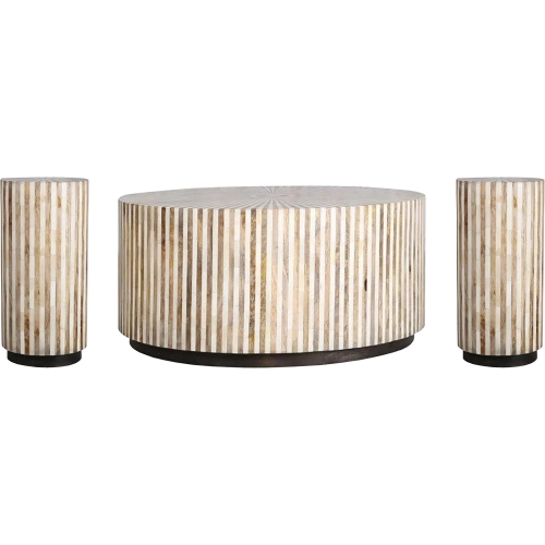 Downtown Coffee Cocktail Table & 2 Side Tables Set in Amber Wood & Inlay