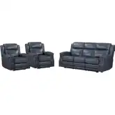 Hensley Power Reclining Sofa & 2 Recliners in Marina Dream Navy Blue Top Grain Leather