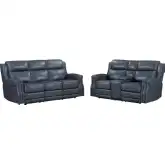 Hensley Power Reclining Sofa & Loveseat in Marina Dream Navy Blue Top Grain Leather