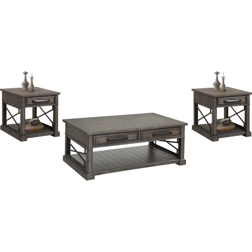 Sundance Coffee Cocktail Table & 2 End Tables Set in Grey Wood