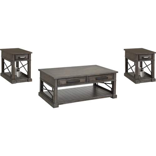 Sundance Coffee Cocktail Table & 2 Side Tables Set in Grey Wood