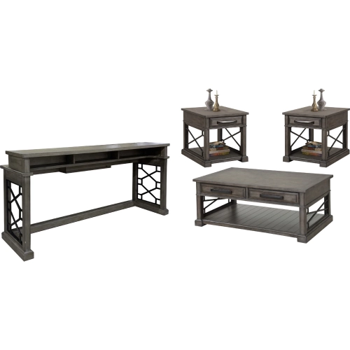 Sundance Coffee Cocktail Table, 2 End Tables & Console Table Set in Grey Wood