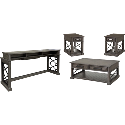Sundance Coffee Cocktail Table, 2 Side Tables & Console Table Set in Grey Wood