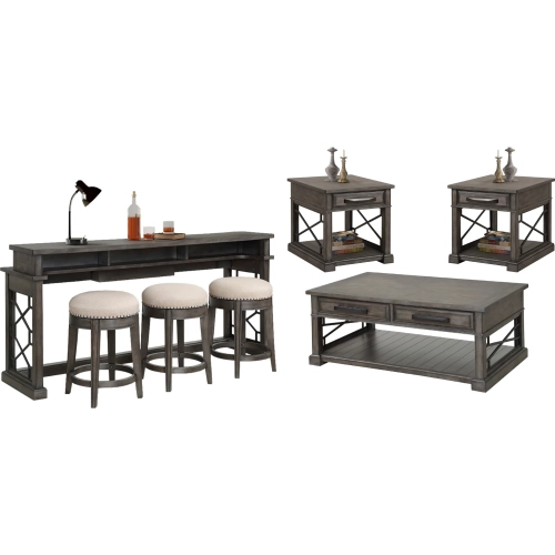 Sundance Coffee Cocktail Table, 2 End Tables, Console Table & 3 Stools in Grey Wood