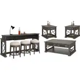 Sundance Coffee Cocktail Table, 2 End Tables, Console Table & 3 Stools in Grey Wood