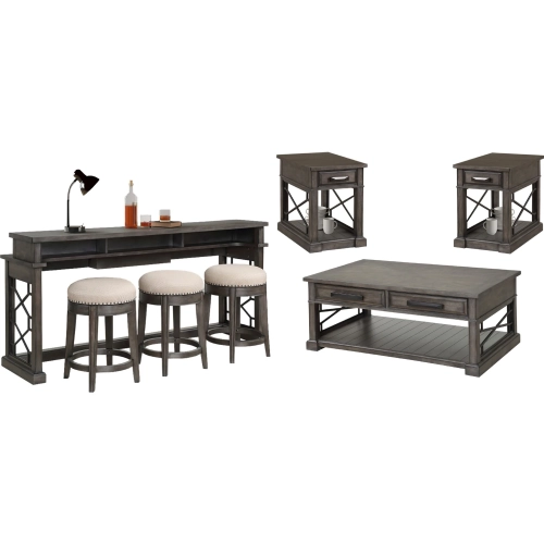 Sundance Coffee Cocktail Table, 2 Side Tables, Console Table & 3 Stools in Grey Wood