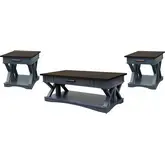 Americana Modern Coffee Cocktail Table & 2 End Table Set in Denim Blue & Wood