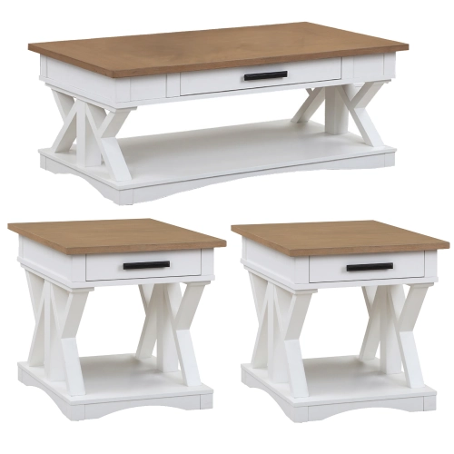 Americana Modern Coffee Cocktail Table & 2 End Tables in White & Weathered Wood
