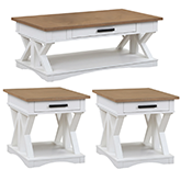 Americana Modern Coffee Cocktail Table & 2 End Tables in White & Weathered Wood