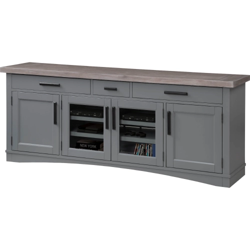 Americana Modern 76" TV Stand Console with Power in Dove Grey Wood