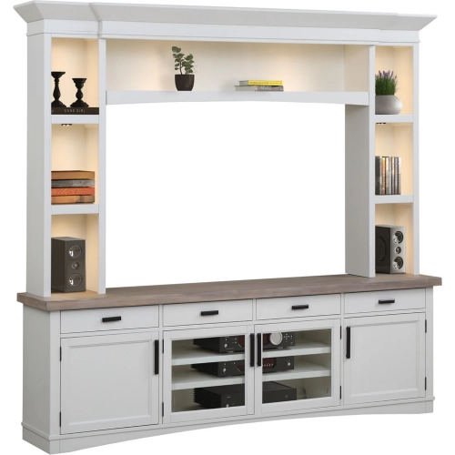 Americana Modern 92" TV Stand Console with Hutch & Lights in Cotton White Wood