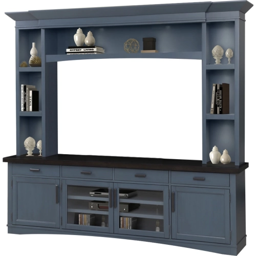 Americana Modern 92" TV Stand Console with Hutch & Lights in Denim Blue Wood