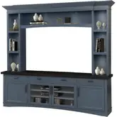 Americana Modern 92" TV Stand Console with Hutch & Lights in Denim Blue Wood